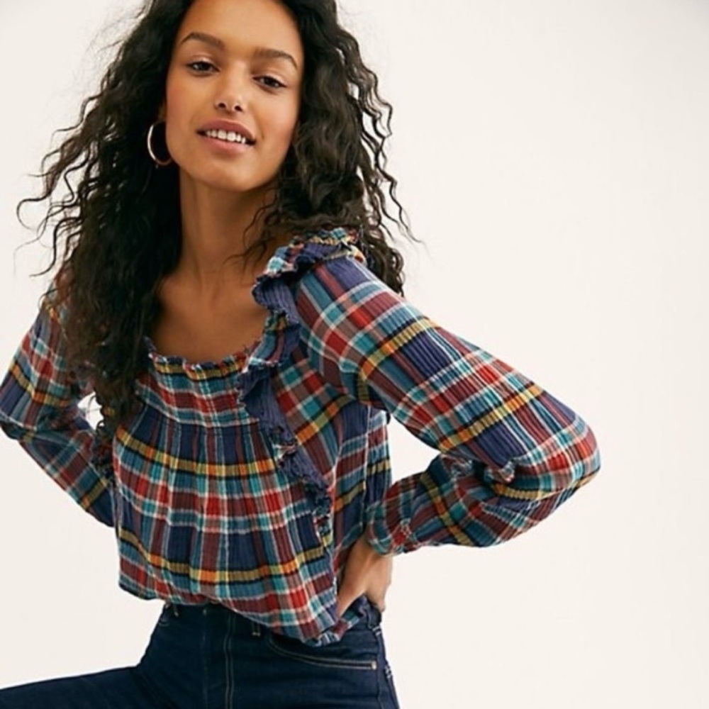 Free People Siena Plaid Long Sleeve Top Red and Blue Print Size Small